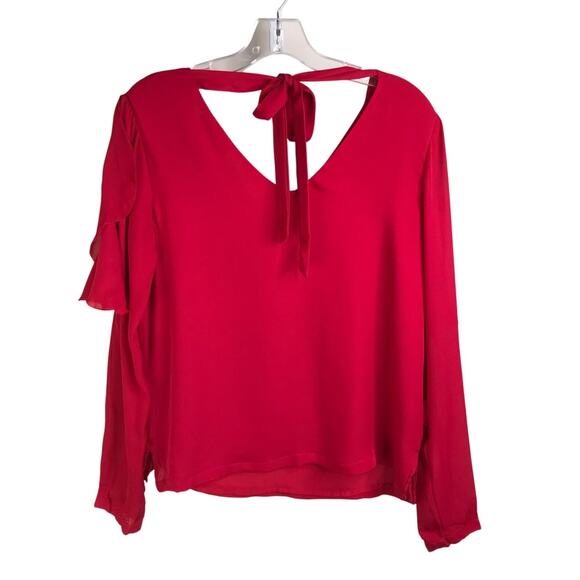 Atelier Nicole Miller Silk Blouse Wmns Sz P Red Peekaboo Shoulder Flutter Sleeve - Picture 2 of 8